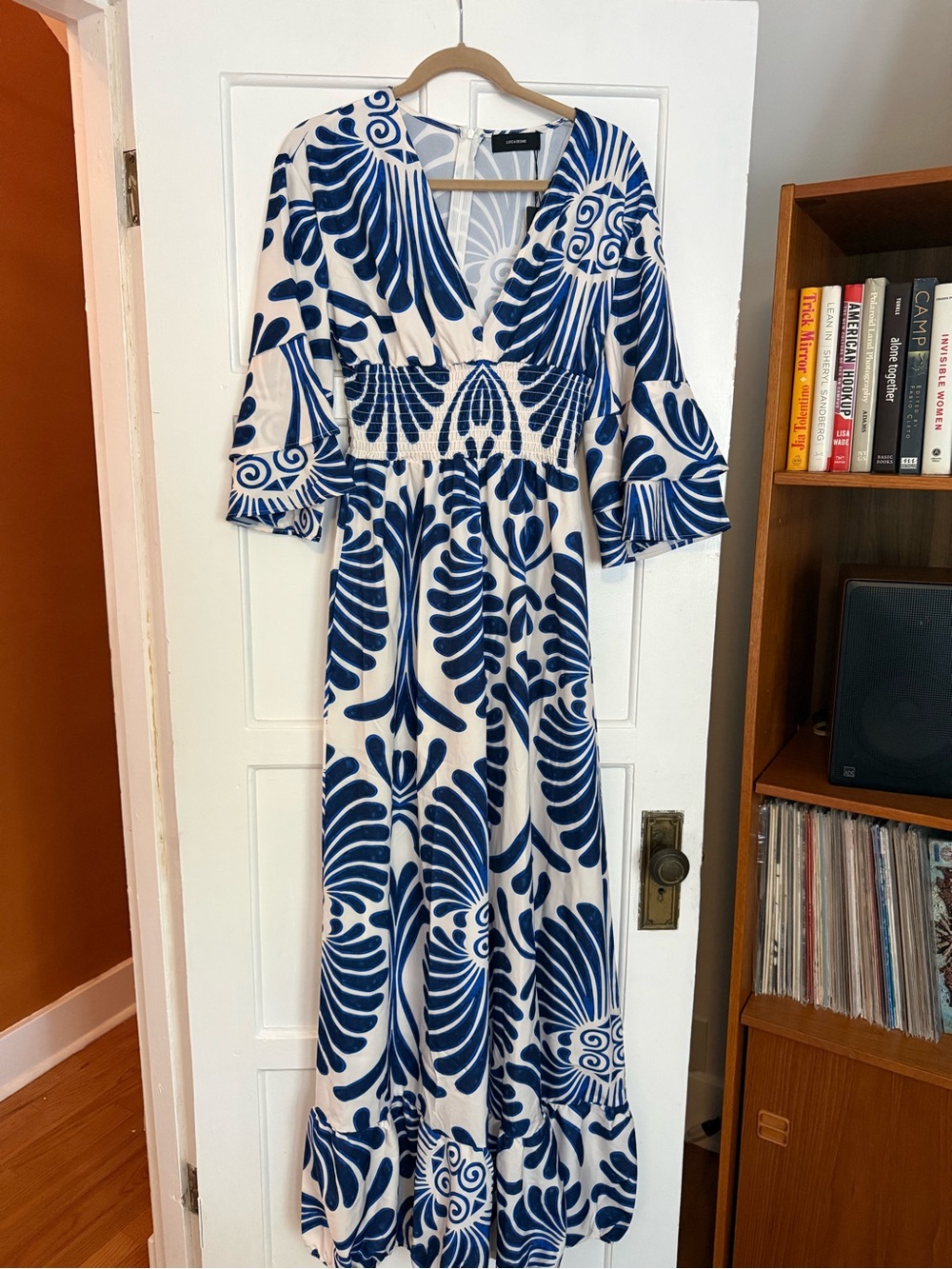 Women's Blue & White Printed Jumpsuit - V-Neck Smocked Waist